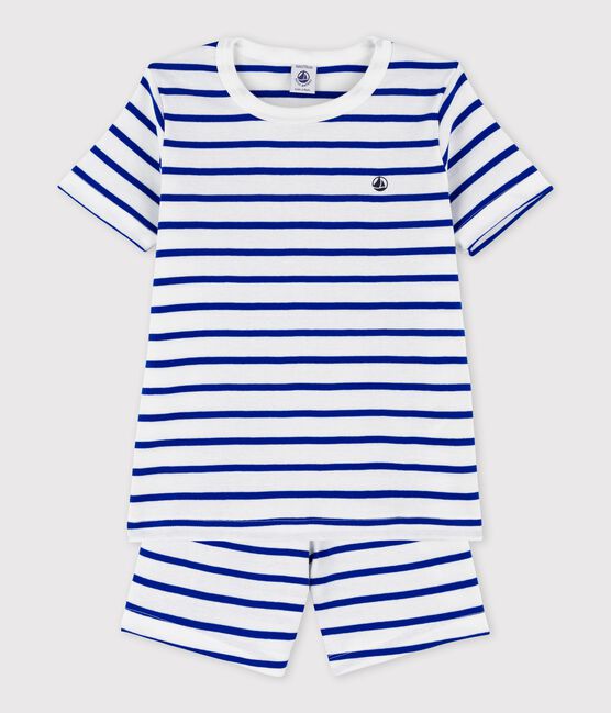 Kinder-Kurzpyjama aus Baumwolle mit Streifen für Jungen weiss MARSHMALLOW/blau SURF