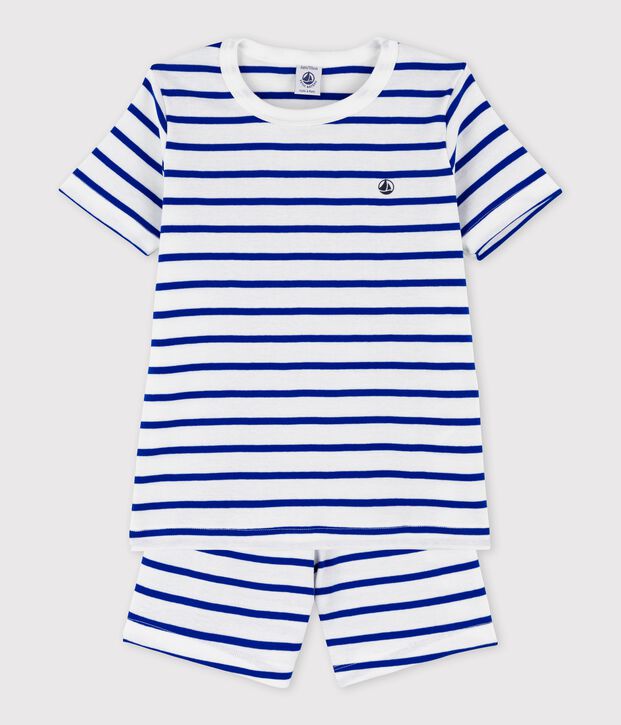 Kinder-Kurzpyjama aus Baumwolle mit Streifen f&uuml;r Jungen weiss/blau
