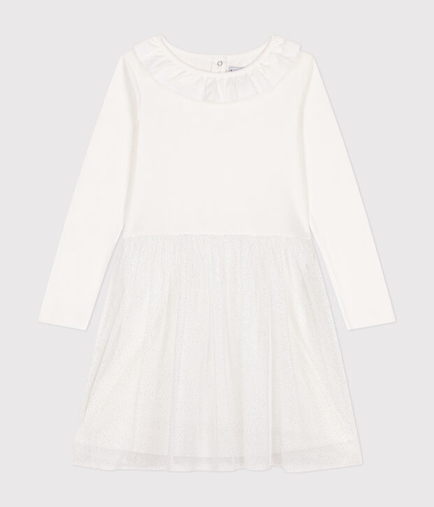 Kinder Kleid aus Rippstrick und T&uuml;ll f&uuml;r M&auml;dchen weiss