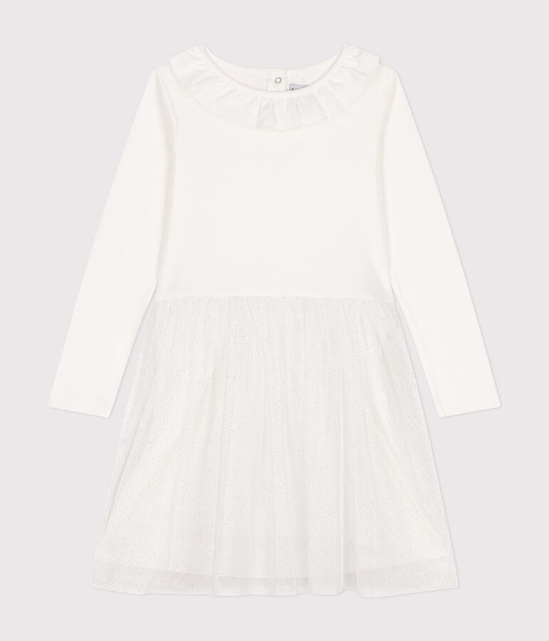 Kinder Kleid aus Rippstrick und T&uuml;ll f&uuml;r M&auml;dchen weiss