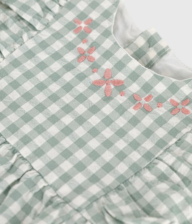 &Auml;rmelloser Strampler aus Baumwolle mit Vichy-Muster und besticktem Kragen gr&uuml;n/weiss