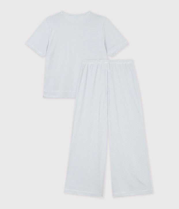 Damen-Pyjama aus Baumwolle mit weiten Beinen und Streifen grau/weiss