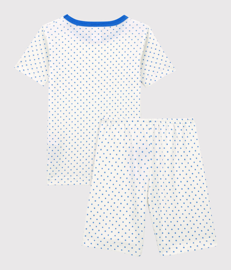 Kinder-Kurzpyjama aus Bio-Baumwolle mit blauem Sternenmotiv f&uuml;r Jungen weiss/blau