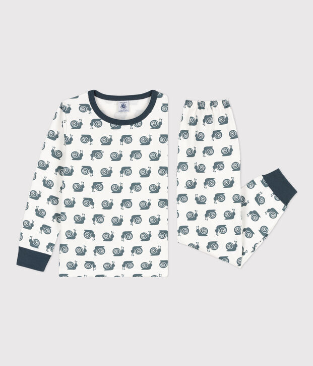 Kinderpyjama aus Molton mit Schneckenmotiv weiss/grau