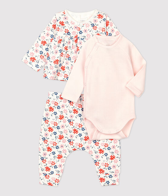 Dreiteiliges Baby-Set aus Bio-Baumwolle mit Blumenmuster für Mädchen weiss MARSHMALLOW/weiss MULTICO