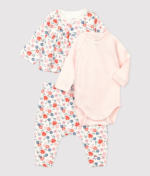 Dreiteiliges Baby-Set aus Bio-Baumwolle mit Blumenmuster f&uuml;r M&auml;dchen weiss/vielfarbig