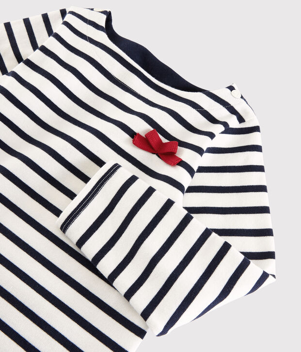 Kindershirt aus Jerseystoff mit Marinestreifen f&uuml;r M&auml;dchen weiss/blau