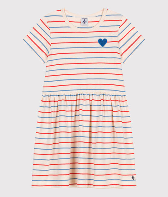 Kurzärmeliges Kinder-Kleid aus Baumwolle mit Streifen und Herzmotiv weiss AVALANCHE/ MULTICO