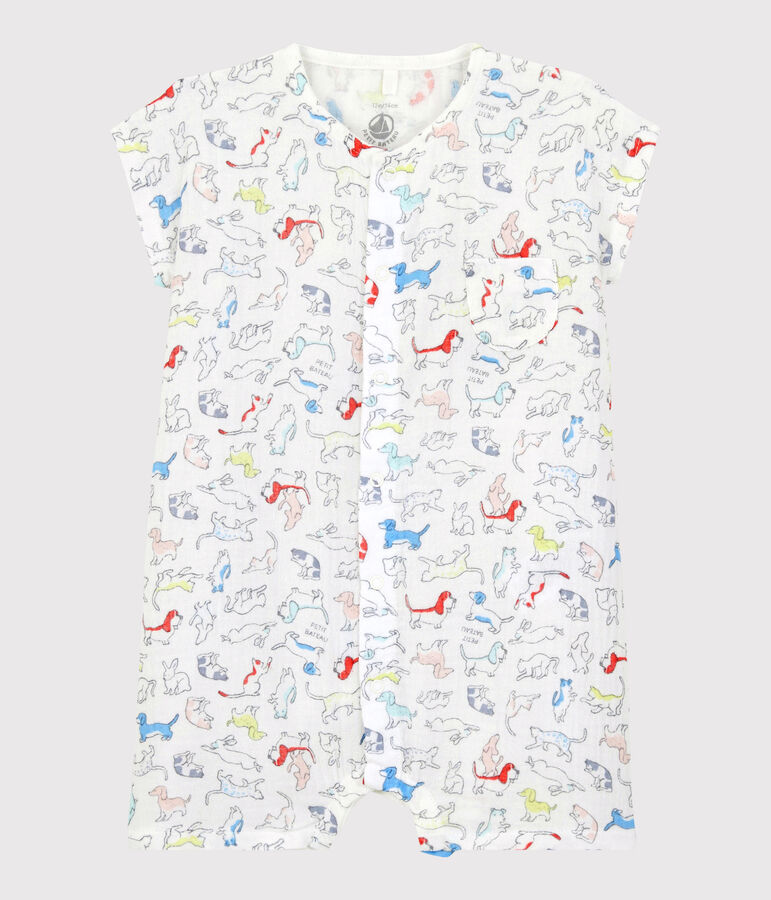 Baby-Einteiler aus Bio-Baumwoll-Windelstoff mit farbigem Hundewelpen-Motiv weiss MARSHMALLOW/weiss MULTICO