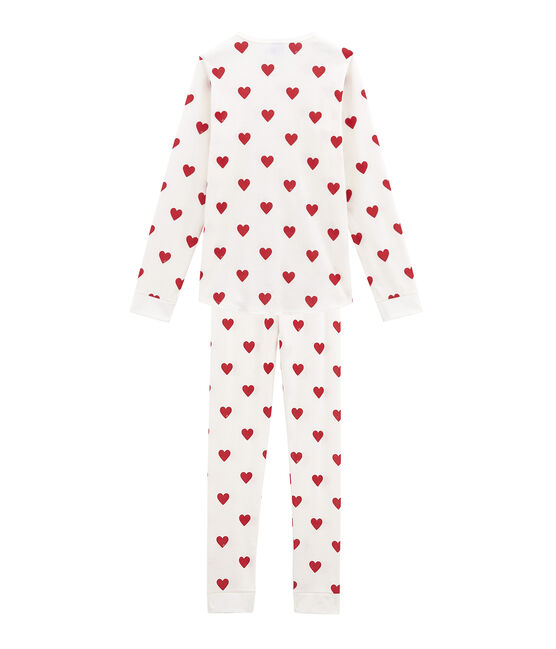 Rippstrick-Pyjama für Mädchen weiss MARSHMALLOW/rot TERKUIT