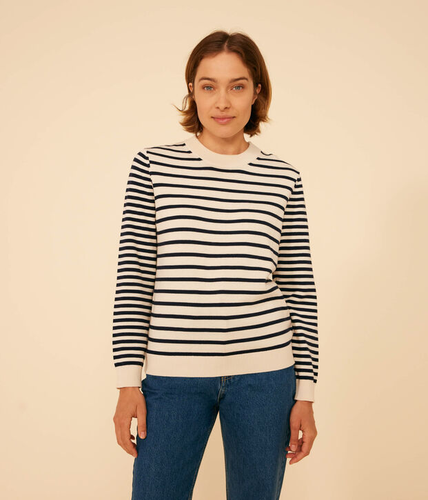 Streifenpulli aus Baumwolle f&uuml;r Damen naturfarben/blau