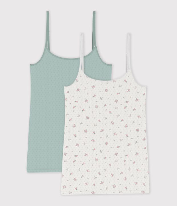 Set Damen Spaghetti-Tops aus Baumwolle mit Lochstickerei vielfarbig