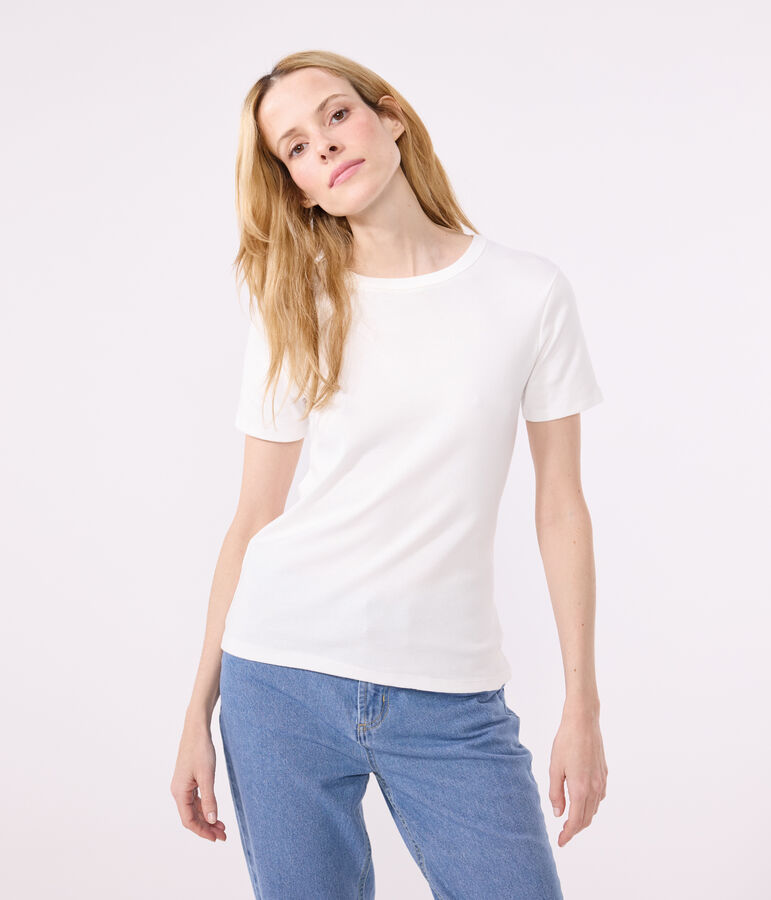 Kurz&auml;rmeliges Damen-T-Shirt L'ICONIQUE aus einfarbigem Rippstrick weiss ECUME