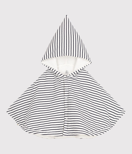 Gestreiftes Baby-Cape aus Baumwolle mit Kapuze weiss MARSHMALLOW/blau SMOKING