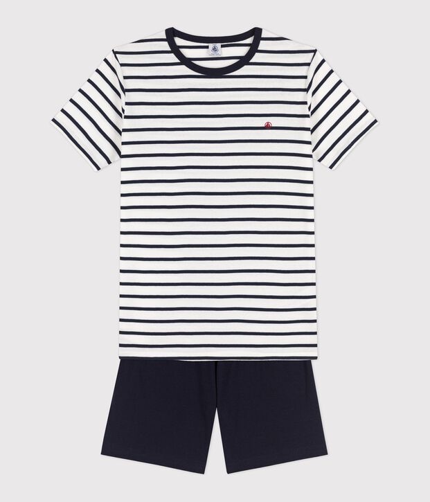 Kinder-Kurzpyjama aus Rippstrick mit Matrosenstreifen weiss/blau