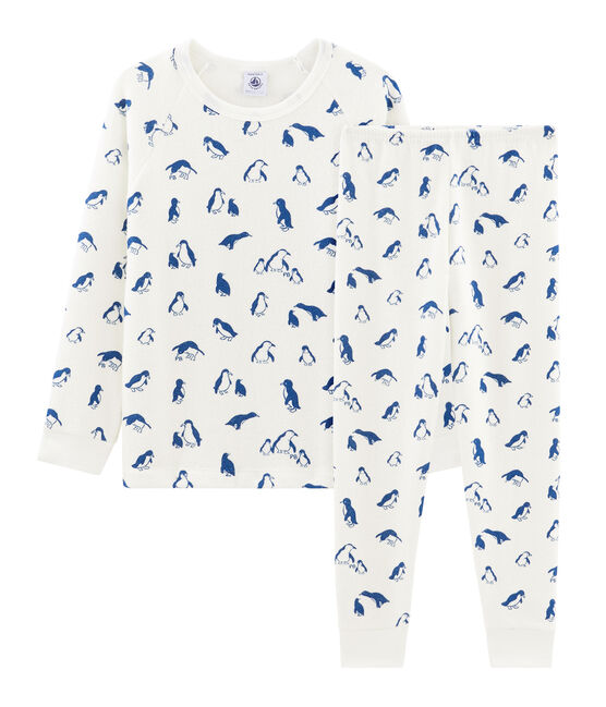 Unisex-Pyjama aus angerautem, extra warmem Bouclé-Frottier weiss MARSHMALLOW/blau MAJOR