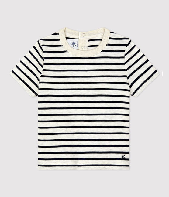 Gestreiftes kurzärmeliges Baby-T-Shirt aus Baumwolle beige MONTELIMAR/blau SMOKING