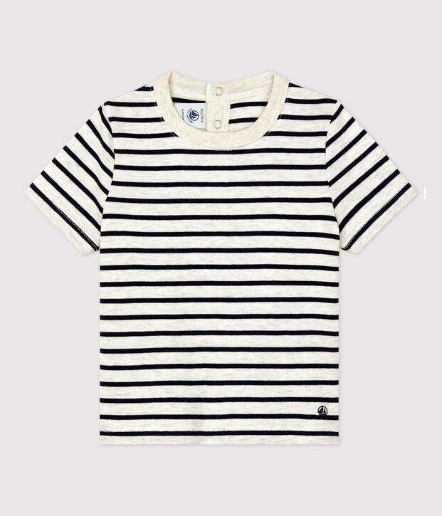 Gestreiftes kurz&auml;rmeliges Baby-T-Shirt aus Baumwolle beige/blau