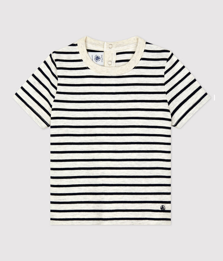 Gestreiftes kurz&auml;rmeliges Baby-T-Shirt aus Baumwolle beige/blau