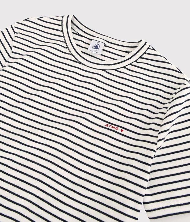 Damen-T-Shirt aus gestreifter Baumwolle mit Je t'aime-Schriftzug weiss/blau