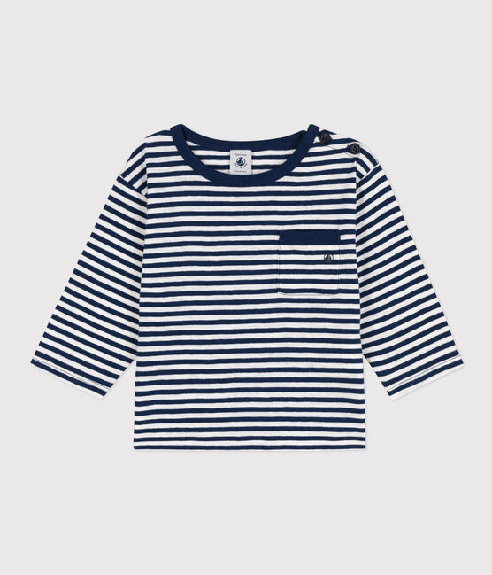 Langärmeliges Baby-T-Shirt aus gestreiftem geflammtem Jersey blau MEDIEVAL/weiss MARSHMALLOW