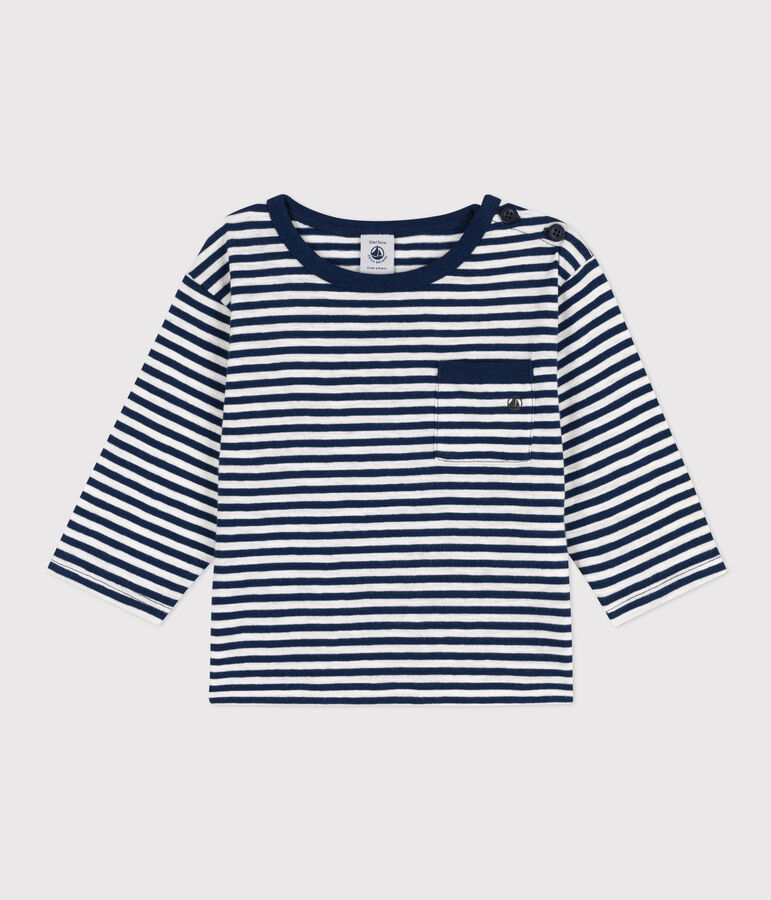 Lang&auml;rmeliges Baby-T-Shirt aus gestreiftem geflammtem Jersey blau/weiss
