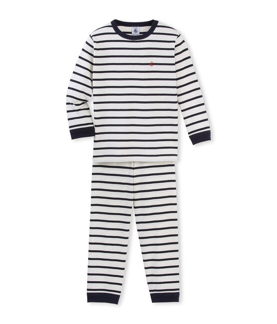Gestreifter Jungen-Schlafanzug beige COQUILLE/blau SMOKING