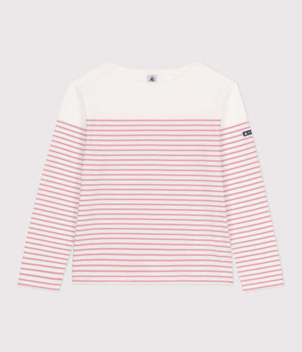 Lang&auml;rmeliges Damen-T-Shirt Marini&egrave;re aus Baumwolle weiss/rosa