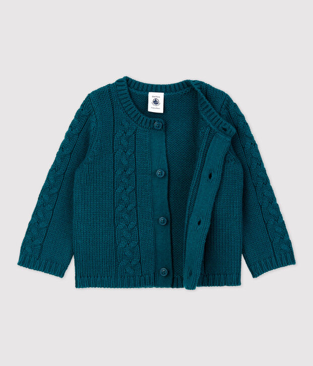 Baby-Cardigan aus Wolle und Baumwolle. gr&uuml;n