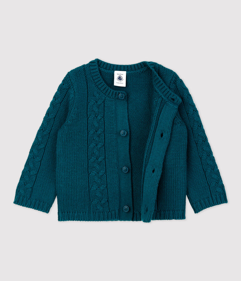 Baby-Cardigan aus Wolle und Baumwolle. gr&uuml;n