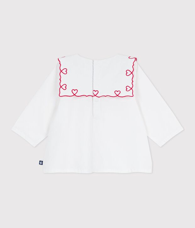 Lang&auml;rmelige Baby-Bluse aus Baumwoll-Popeline mit bestickten Herzen weiss