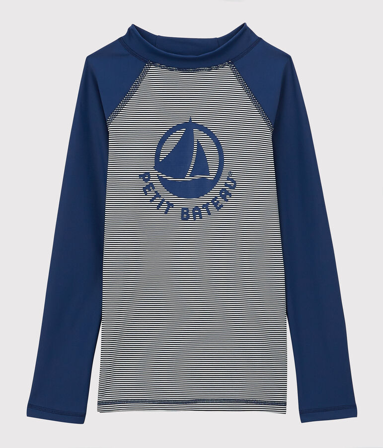 Kinder-T-Shirt mit UV-Schutz aus recycelten Materialien blau/weiss