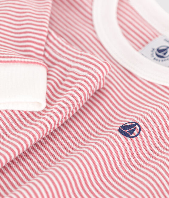 Eng anliegender Kinder-Pyjama aus gestreifter Baumwolle rosa ROSEWOOD/ MARSHMALLOW