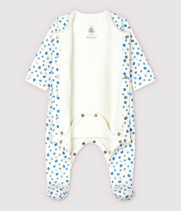 Gemusterter Baby-Bodyjama mit Boot-Motiv, aus Doppeljersey aus Bio-Baumwolle weiss/blau