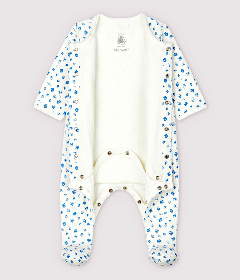 Gemusterter Baby-Bodyjama mit Boot-Motiv, aus Doppeljersey aus Bio-Baumwolle weiss MARSHMALLOW/blau COOL