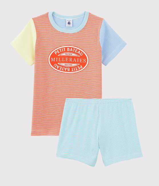 Kinder-Kurzpyjama aus Baumwolle mit bunten Milleraies-Streifen für Jungen orange BRAZILIAN/naturfarben MULTICO