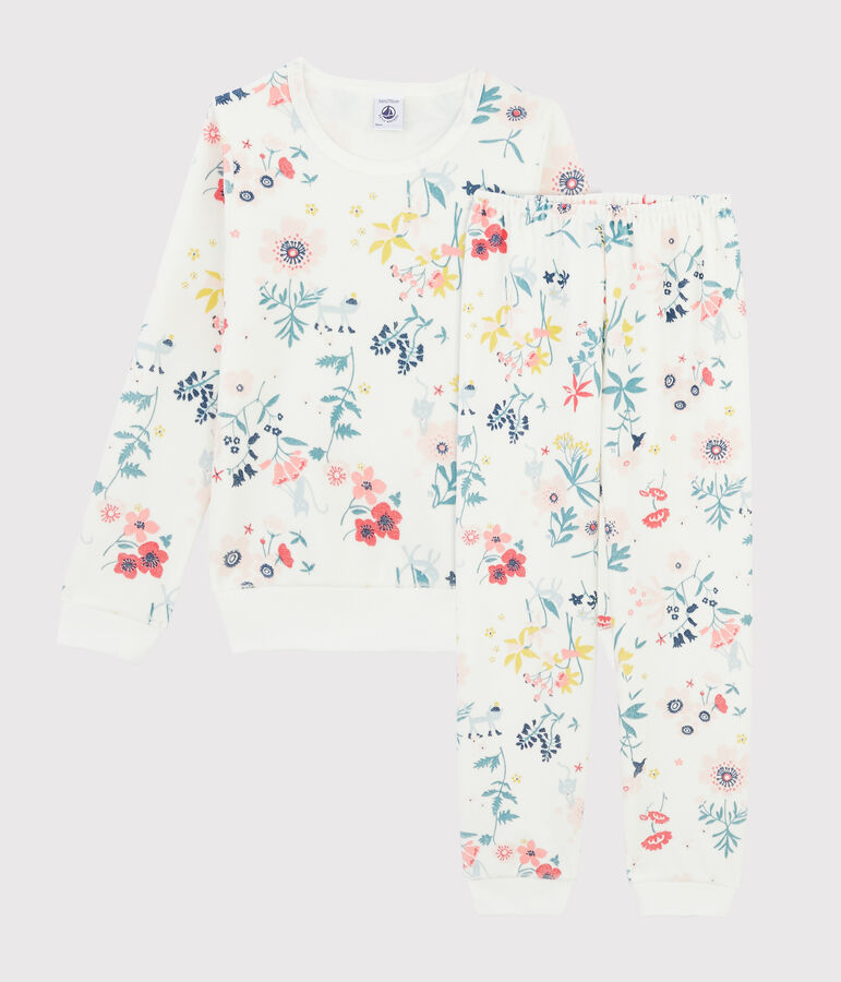 Kinderpyjama aus Nicki mit Blumenaufdruck f&uuml;r M&auml;dchen weiss/vielfarbig