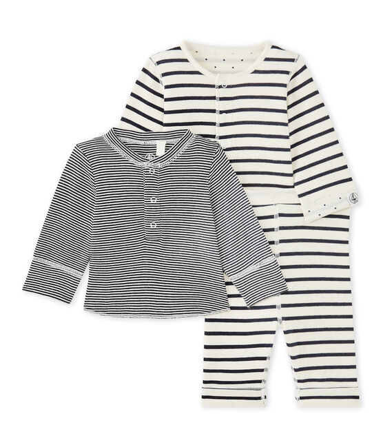 Dreiteiliges Baby-Set zum Wenden beige COQUILLE/blau SMOKING