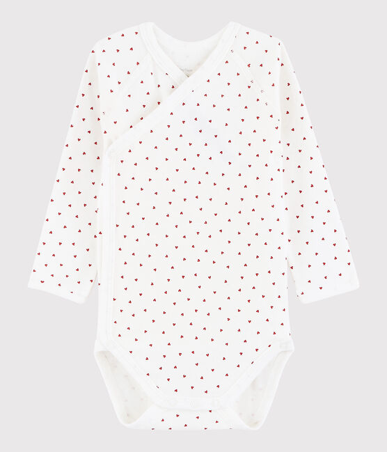 Langärmeliger Baby-Body in Wickelform Mädchen weiss MARSHMALLOW/rot TERKUIT