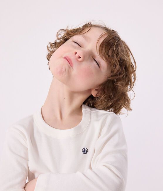 Langärmeliges Kinder-T-Shirt aus Rippstrick für Mädchen und Jungen weiss MARSHMALLOW