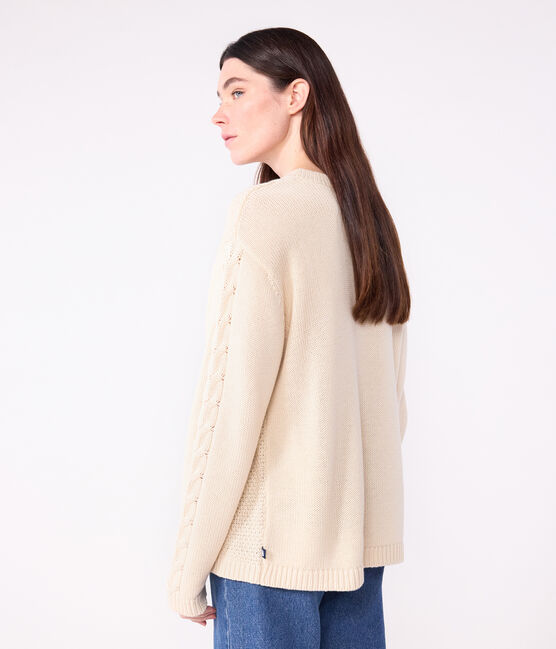 Damen-Pullover aus einfarbiger Wolle und Baumwolle mit Zopfmuster naturfarben AVALANCHE