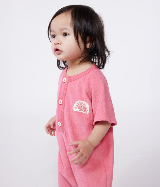 Baby-Kurzoverall aus einfarbigem Baumwoll-Frottee mit Aufnäher rosa PEONIA
