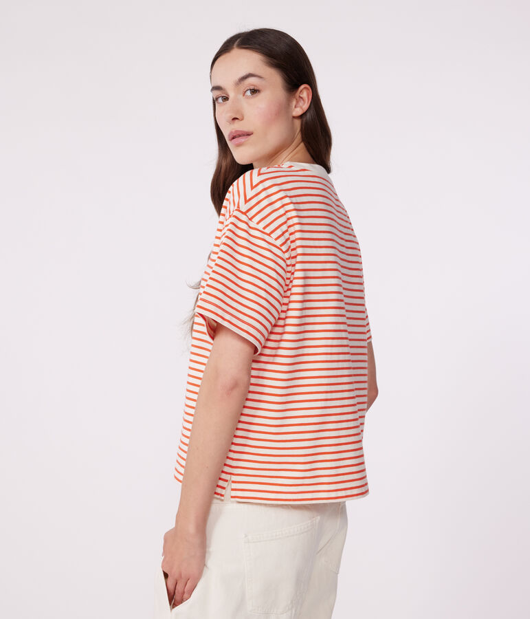 Damen-T-Shirt Le Boxy aus Baumwolle mit Streifen naturfarben/rot