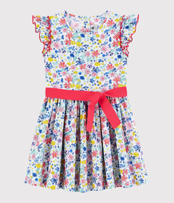 Kurzärmeliges Kinder-Kleid aus Popeline für Mädchen weiss MARSHMALLOW/weiss MULTICO