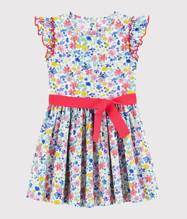 Kurz&auml;rmeliges Kinder-Kleid aus Popeline f&uuml;r M&auml;dchen weiss/vielfarbig