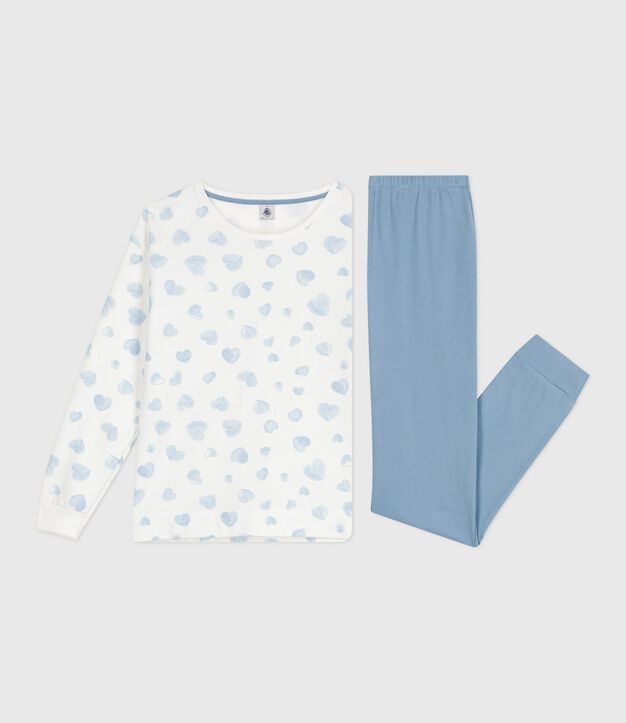 Damen-Pyjama aus zwei Baumwollstoffen mit Herzmotiv blau/vielfarbig