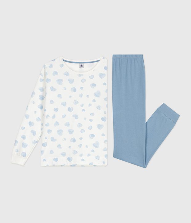 Damen-Pyjama aus zwei Baumwollstoffen mit Herzmotiv blau/vielfarbig