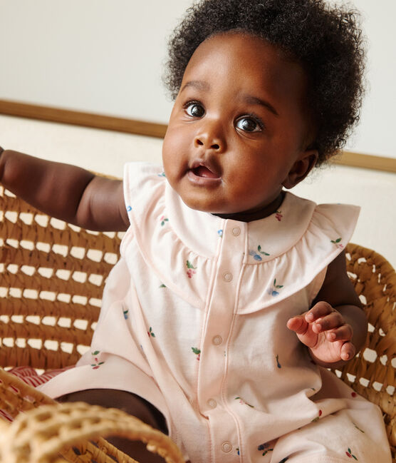 Kurzärmeliges Babykleid aus Baumwolle und Bloomer mit Fruchtmuster rosa FLEUR/weiss MULTICO