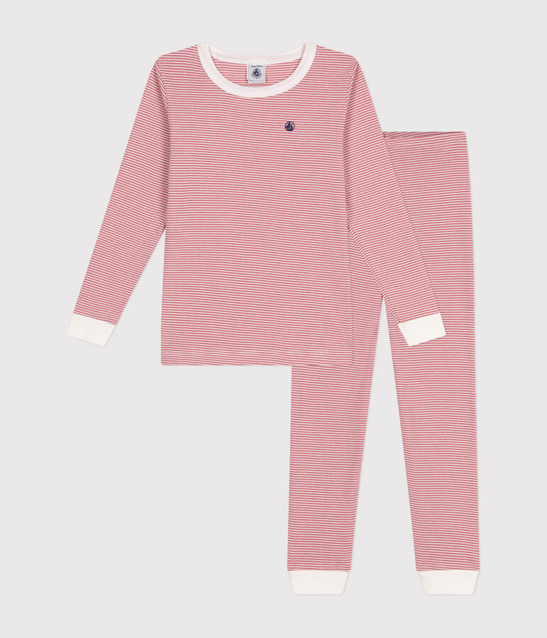 Eng anliegender Kinder-Pyjama aus gestreifter Baumwolle rosa/weiss