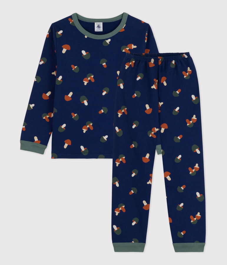 Kinderpyjama aus Molton mit Pilzmotiv blau/vielfarbig